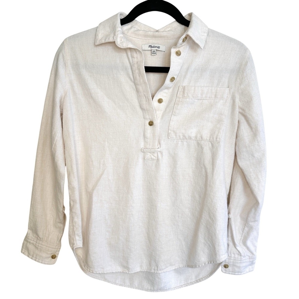 Madewell Women's XXS Cream Flannel Henley Popover Shirt 100% Cotton Long Sleeve